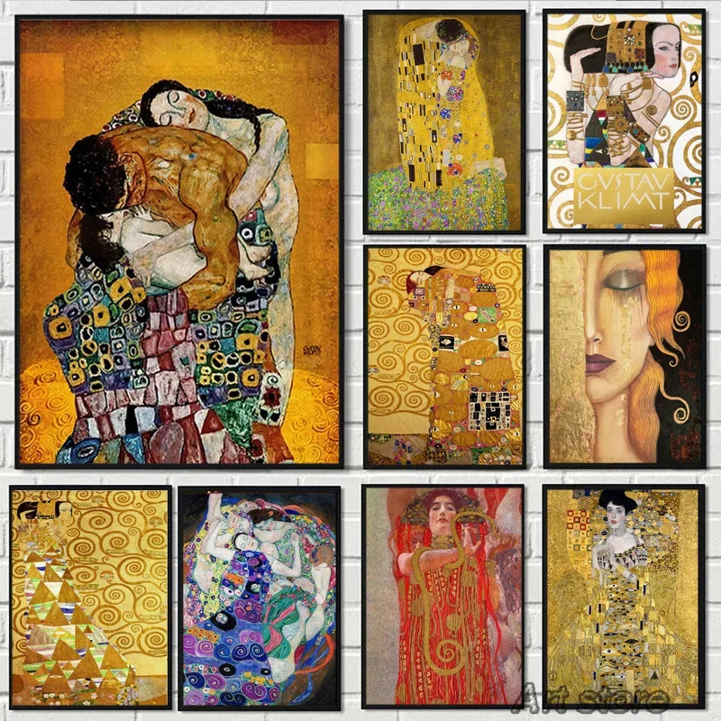 Clássico Gustav Klimt Família Famosa Pintura Da Lona, Rasgar Beijo Ouro Moderno Posters, Wall Art Impressões, Imagem para Home Decor