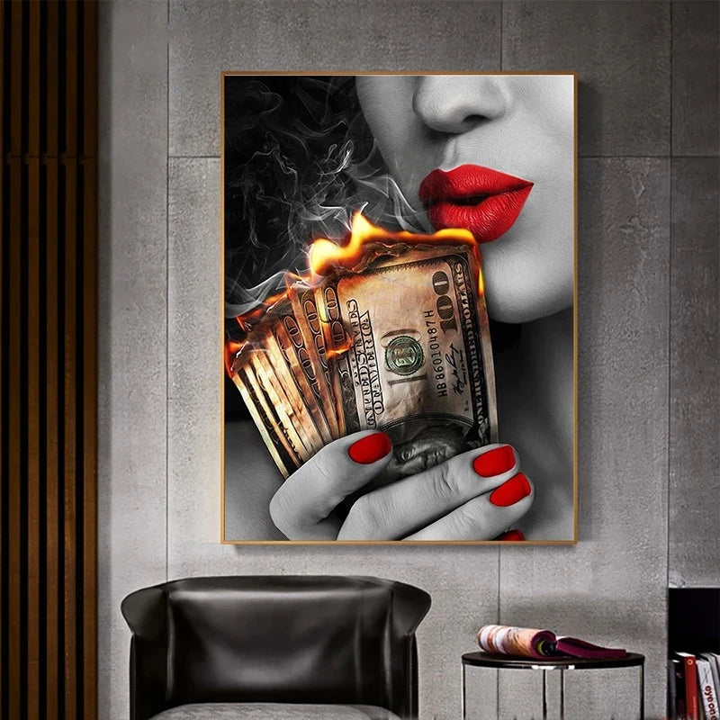 Sexy Red Lips Canvas Pinturas para Mulheres, Cartazes e Impressões, Fashion Girl Portrait, Money Burning, Dinheiro, Wall Art, Picture, Bar, Home Decor, Sexy Red Lips, Quadro Decorativo Mulher de Batom Vermelho, Quadro Decorativo Moderno Garotas Red Lips. Quadro Decorativo Lábios Vermelho, Pintura em Tela Lábios Vermelho, Impressão-Tela, Decoração-Parede, Arte-Moderna, Arte-Feminina, Arte de Parede Sexy Red Lips-Lojas Bratta