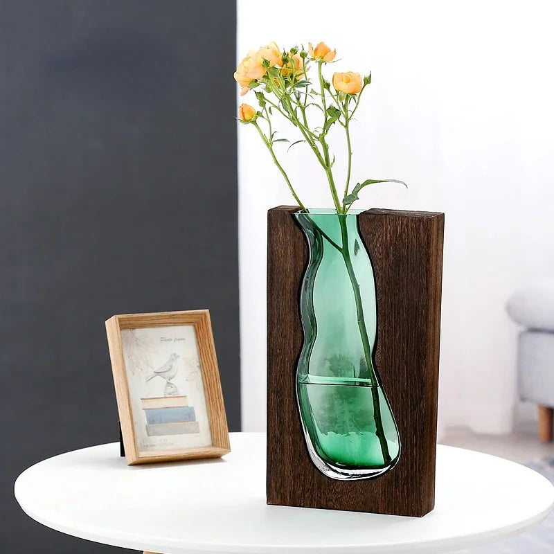 Vaso de Vidro de Estilo Clássico e moderno Suporte de Madeira, Decoração Moderna, Plantas Hidropônicas, Decoração para Casa, Vaso de Vidro, Suporte de Madeira, Vaso de Vidro e Madeira, Vaso Decorativo de Vidro e Madeira, Vaso Decorativo de Vidro com Suporte de Madeira, Vaso de Vidro Moderno com Suporte de Madeira, Jarro Decorativo de Vidro com Suporte de Madeira-Lojas Bratta