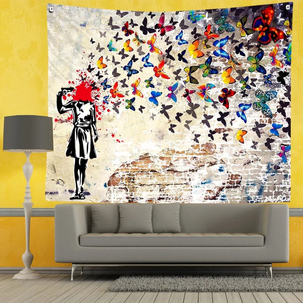 Banksy-Butterfly Brains Girl Graffiti Art Tapeçaria, Pendurado Na Parede, Boêmio, Sala Estética, Home Background, Yoga, Tapeçaria, Graffiti. Decoração Boêmia, Banksy Graffiti Arte em Tela Menina Borboletas, Arte de Rua Pôster de Garota, Arte de Parede Banksy Pintura em Tela,Arte de Parede-Lojas Bratta