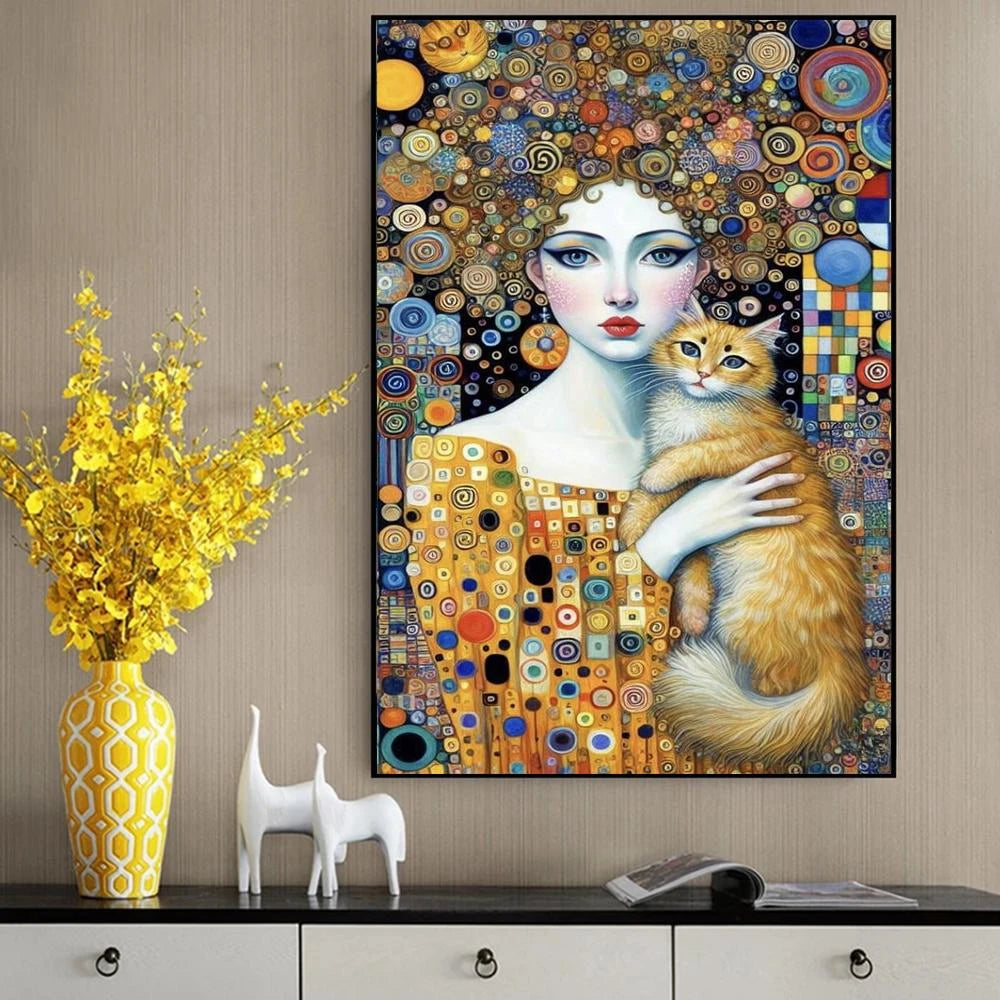 Mulher abstrata e gato lona pintura arte da parede, elegante menina cartaz, impressões para escritório, sala de estar, Home Decor, Gustav Klimt, Quadro em Telas Canvas Mulher e Gato, Quadro em Telas Canvas, Pintura AbstrataMulher Abstrata e Gato Pintura em Tela, Impressão em tela, Decoração Moderna, Arte em Tela Mulher Abstrata e Gato, Arte em Tela-Lojas Bratta