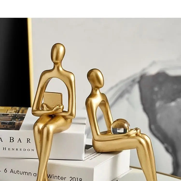 Golden Bookshelf Escultura Decorações para Sala De Estar, Figurinhas Modernas, Decoração Para Casa, Estátuas Do Pensador, Prateleira Mesa,