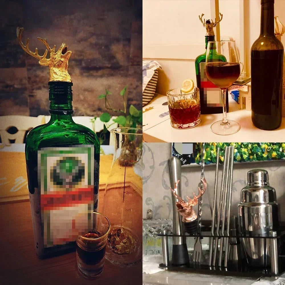 Dispensador de Vinho, Design de Veado, Decoração de Vinho, Acessório de Bar, Aço Inoxidável, Rolha de Vinho, Preservador de Vinho, Selo Hermético, Cabeça de Veado, Vinho Fresco, Vinho Premium, Acessório Criativo, Presentes para Amantes de Vinho, Bar de Vinho, Decoração Criativa, Dispensador Criativo, Acessórios para Casa, Decoração Elegante, Veado de Metal, Lojas Bratta.