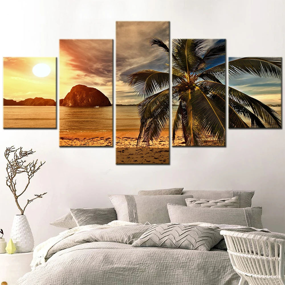 5 peças arte de parede de praia palmeira arte em tela pôr do sol pôr do sol cartaz modular pintura em tela para decoração de quarto molduras para imagem, Quadro Praia Pôr do Sol Mar, Quadro Paisagem Pôr do Sol, Quadro Decorativo Pôr do Sol Mar, Quadro Decorativo Pôr do Sol, Pôr do Sol, Praia, Decoração Moderna, Arte de Parede Praia Pôr do Sol, Arte de Parede-Lojas Bratta