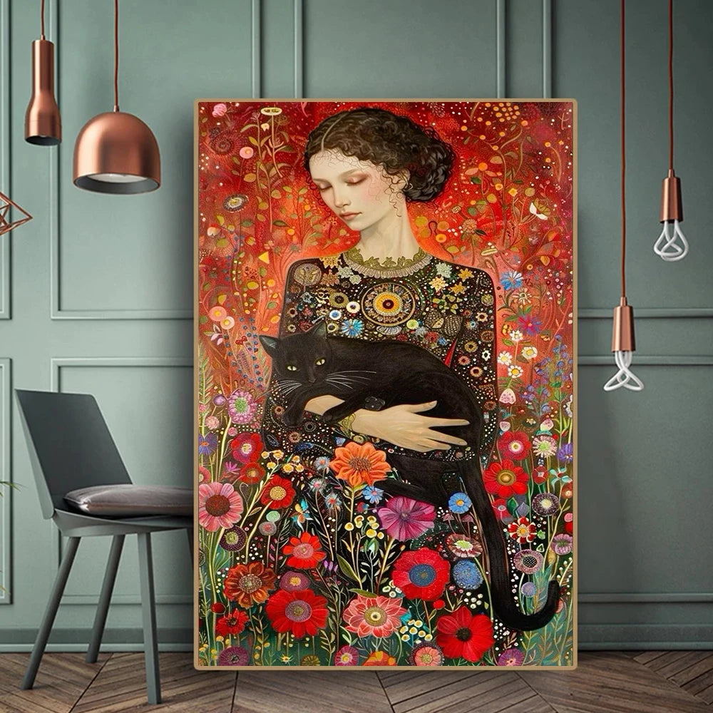 Mulher abstrata e gato lona pintura arte da parede, elegante menina cartaz, impressões para escritório, sala de estar, Home Decor, Gustav Klimt, Quadro em Telas Canvas Mulher e Gato, Quadro em Telas Canvas, Pintura AbstrataMulher Abstrata e Gato Pintura em Tela, Impressão em tela, Decoração Moderna, Arte em Tela Mulher Abstrata e Gato, Arte em Tela-Lojas Bratta