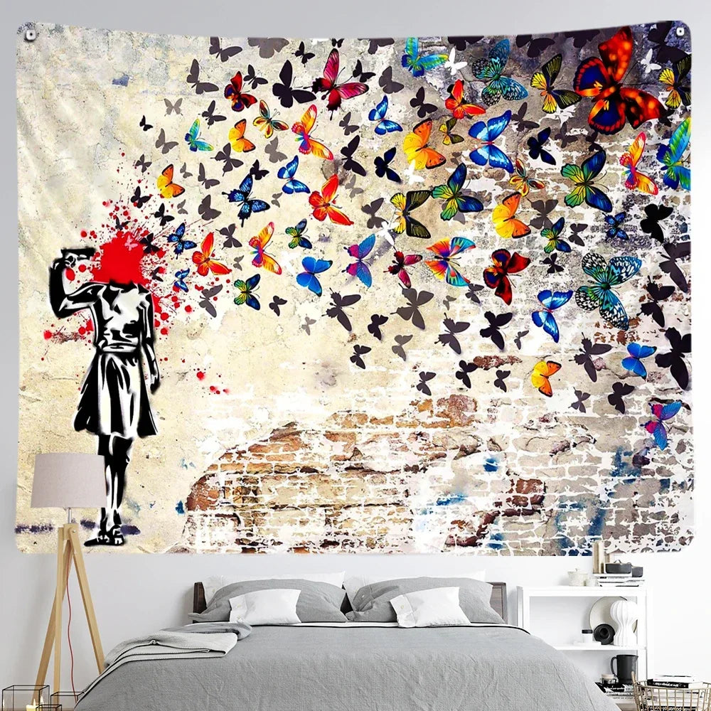 Banksy-Butterfly Brains Girl Graffiti Art Tapeçaria, Pendurado Na Parede, Boêmio, Sala Estética, Home Background, Yoga, Tapeçaria, Graffiti. Decoração Boêmia, Banksy Graffiti Arte em Tela Menina Borboletas, Arte de Rua Pôster de Garota, Arte de Parede Banksy Pintura em Tela,Arte de Parede-Lojas Bratta