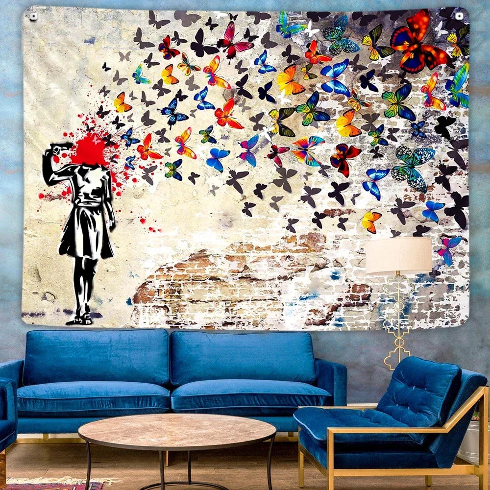 Banksy-Butterfly Brains Girl Graffiti Art Tapeçaria, Pendurado Na Parede, Boêmio, Sala Estética, Home Background, Yoga, Tapeçaria, Graffiti. Decoração Boêmia, Banksy Graffiti Arte em Tela Menina Borboletas, Arte de Rua Pôster de Garota, Arte de Parede Banksy Pintura em Tela,Arte de Parede-Lojas Bratta